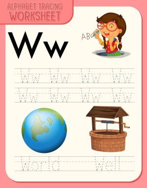 W harfi ve w illüstrasyonlu alfabe izleme çalışma tablosu