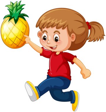 Ananas çizimi tutan mutlu kız çizgi film karakteri.