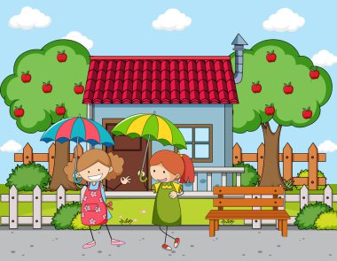 Elinde şemsiye olan bir kızla evin önünde.