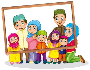 Fotoğraf çerçevesi çizimi tutan mutlu aile üyesi