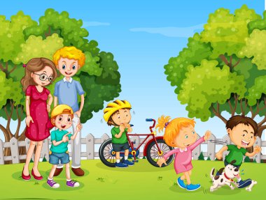 Mutlu bir aile ve bir sürü çocuk resimli park sahnesi.