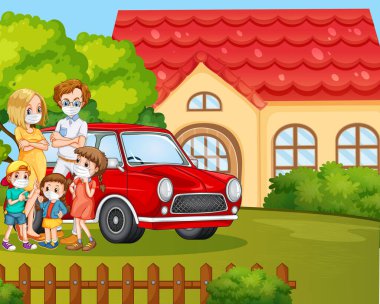 Coronavirus illüstrasyonunu önlemek için maske takan aile ile açık hava sahnesi