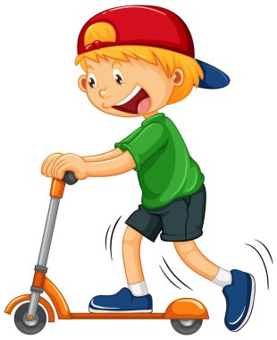 Scooter 'ı olan bir çocuk izole edilmiş resimle eğleniyor.