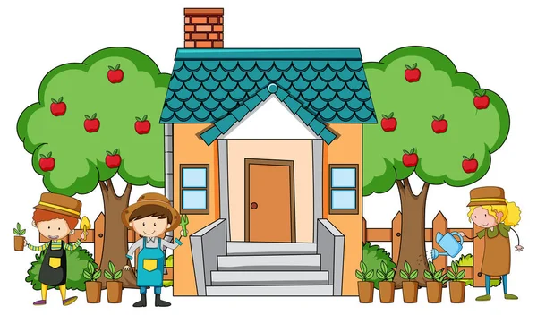 Vooraanzicht Van Mini Huis Met Veel Kinderen Witte Achtergrond Illustratie — Stockvector