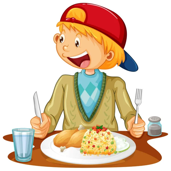 Ein Junge Genießt Mit Seiner Mahlzeit Zeichentrickfigur Illustration — Stockvektor