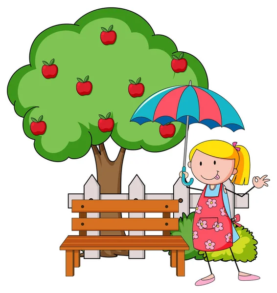 Doodle Cartoon Character Girl Holding Umbrella Apple Tree Illustration — Stock Vector