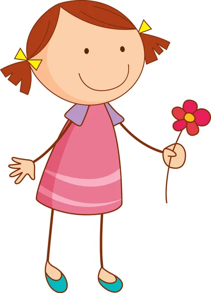 一个女孩卡通人物拿着一朵涂鸦风格的花 — 图库矢量图片