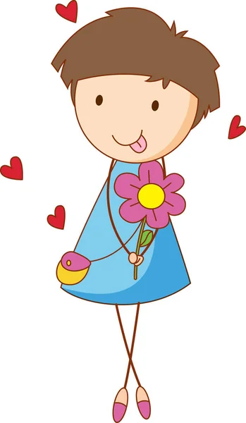 Girl Cartoon Character Holding Flower Doodle Style Isolated Illustration — Stock Vector