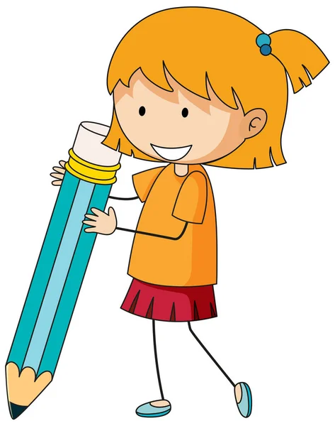 Nettes Mädchen Hält Bleistift Doodle Cartoon Figur Illustration — Stockvektor