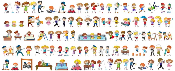 Conjunto Dibujos Animados Diferentes Doodle Niños Ilustración Personajes — Vector de stock