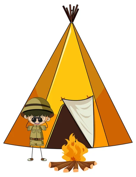 Camping Tenda Con Doodle Bambini Cartone Animato Personaggio Isolato Illustrazione — Vettoriale Stock