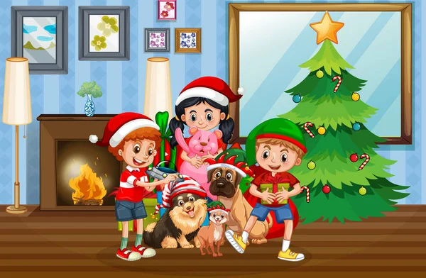 Kerst Indoor Scene Met Veel Kinderen Schattige Honden Illustratie — Stockvector