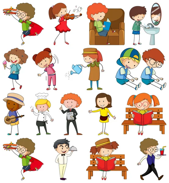 Conjunto Diferentes Dibujos Animados Doodle Niños Carácter Ilustración Aislada — Vector de stock