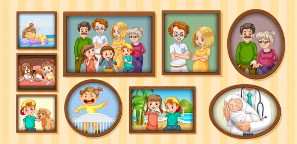 Set Von Glücklichen Familienfotos Auf Dem Holzrahmen Illustration — Stockvektor