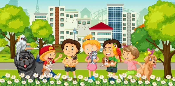 Groep Kinderen Spelen Met Hun Huisdier Het Park Scene Illustratie — Stockvector