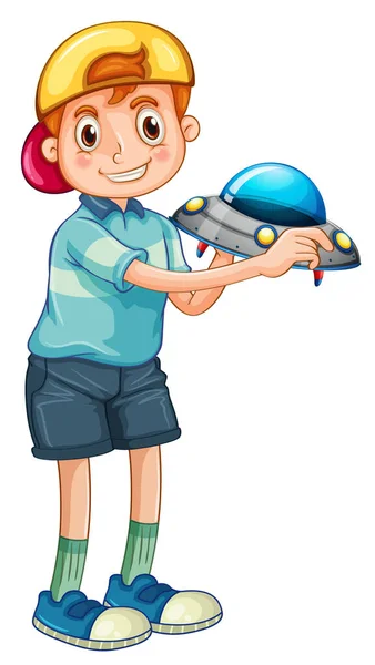 Student Jongen Cartoon Karakter Met Een Ufo Model Illustratie — Stockvector