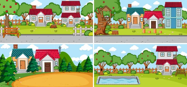 Set Van Verschillende Huizen Natuur Scènes Cartoon Stijl Illustratie — Stockvector