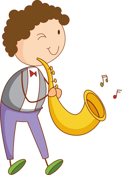 Gamin Doodle Jouant Personnage Bande Dessinée Saxophone Illustration Isolée — Image vectorielle