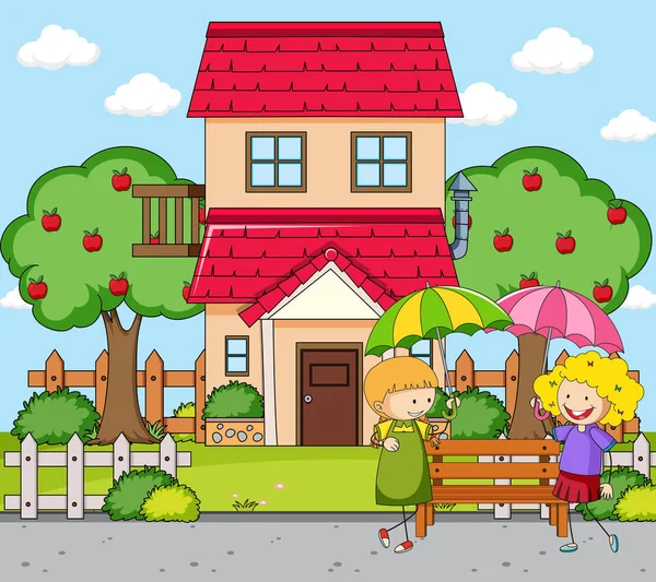 Scène Devant Maison Avec Une Fille Tenant Une Illustration Parapluie — Image vectorielle