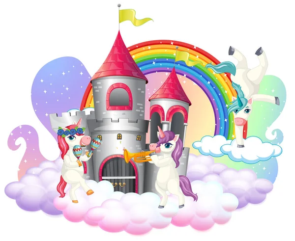 Πολλά Χαριτωμένα Μονόκερους Χαρακτήρα Κινουμένων Σχεδίων Κάστρο Στην Εικόνα Σύννεφο — Διανυσματικό Αρχείο