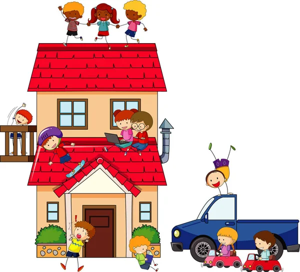 Veel Kinderen Doen Verschillende Activiteiten Rond Het Huis Illustratie — Stockvector