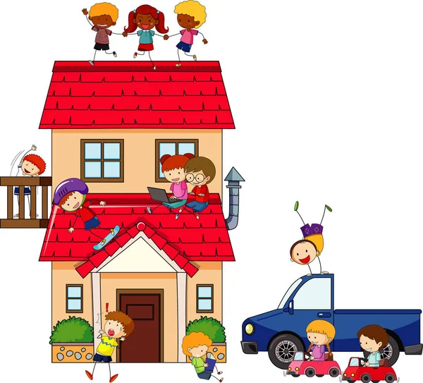 Many Kids Doing Different Activities House Illustration — Stock Vector