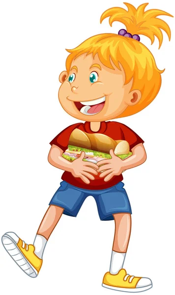 Chica Feliz Personaje Dibujos Animados Abrazando Comida Sándwich Ilustración — Vector de stock