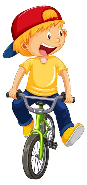 一个骑自行车的男孩用白色背景图孤立了一个卡通人物 — 图库矢量图片