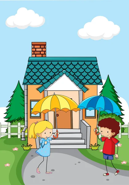 房子前面的场景 两个孩子拿着伞形插图 — 图库矢量图片