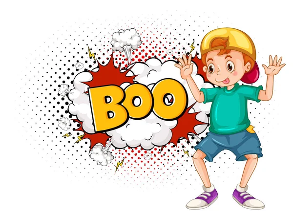 Boo Palabra Sobre Explosión Bomba Con Personaje Dibujos Animados Niño — Vector de stock