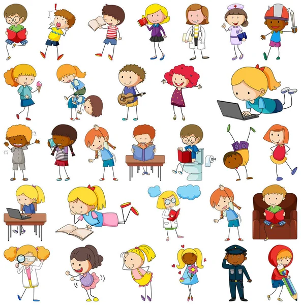 Set Different Doodle Kids Cartoon Character Isolated Illustration — Stock Vector