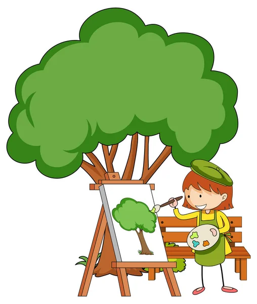 Pequeño Artista Dibujando Cuadro Árbol Aislado Sobre Fondo Blanco Ilustración — Archivo Imágenes Vectoriales