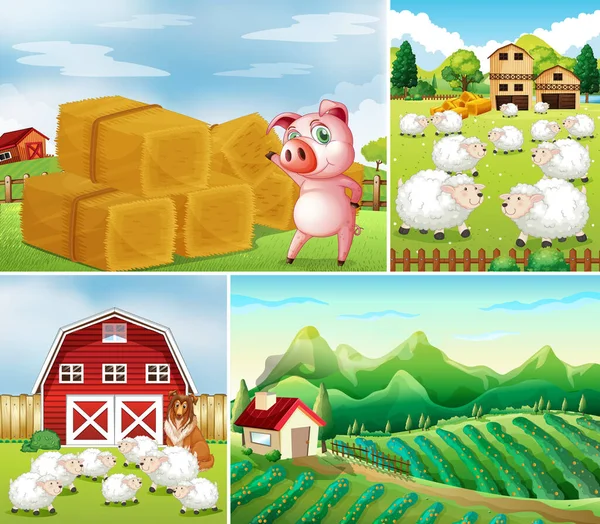 Set Von Verschiedenen Bauernhof Szene Mit Nutztieren Illustration — Stockvektor