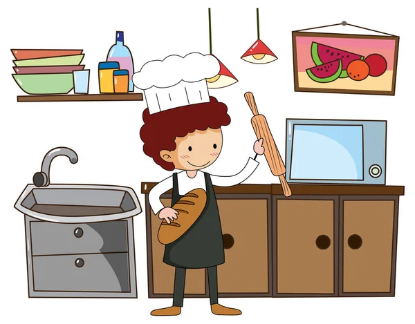 带厨房设备的小厨师 配有白色背景插图 — 图库矢量图片
