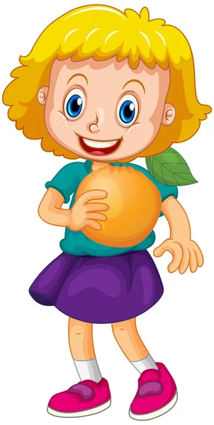 Ευτυχισμένο Κορίτσι Χαρακτήρα Κινουμένων Σχεδίων Κρατώντας Μια Πορτοκαλί Εικόνα — Διανυσματικό Αρχείο