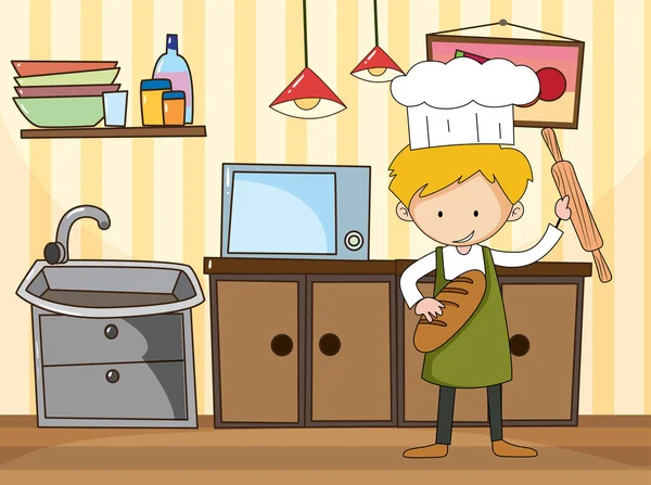 Пекарь Человек Кухне Сцены Оборудованием Иллюстрации — стоковый вектор