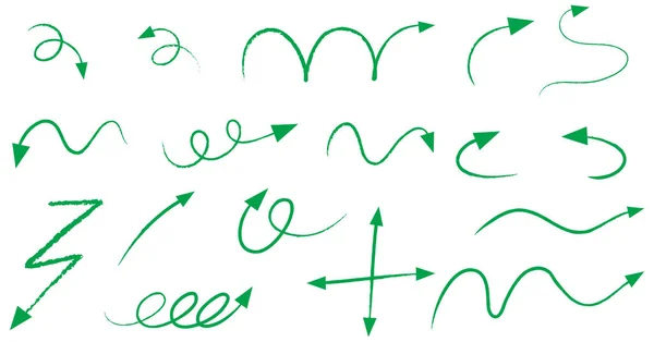 Diferentes Tipos Setas Curvas Desenhadas Mão Verde Fundo Branco Ilustração —  Vetores de Stock