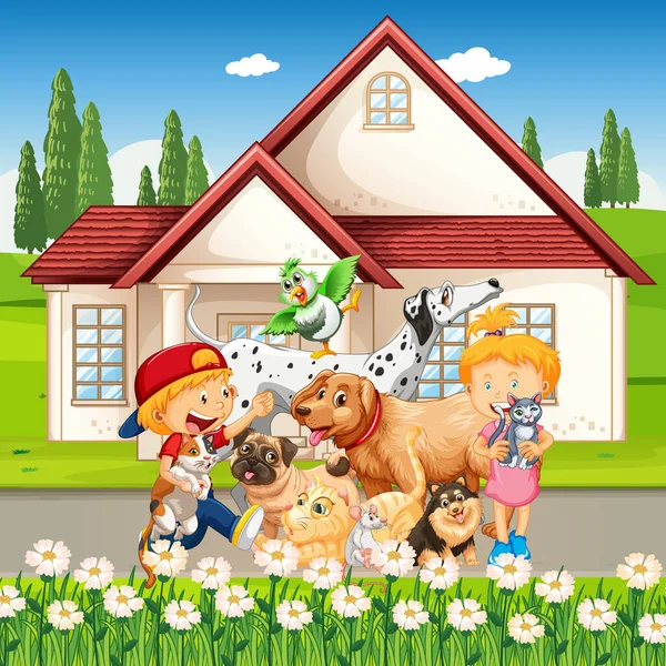 Scena All Aperto Con Gruppo Animali Domestici Illustrazione Bambini — Vettoriale Stock