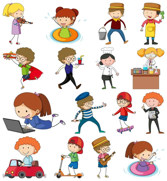 Conjunto Dibujos Animados Diferentes Doodle Niños Ilustración Personajes — Vector de stock