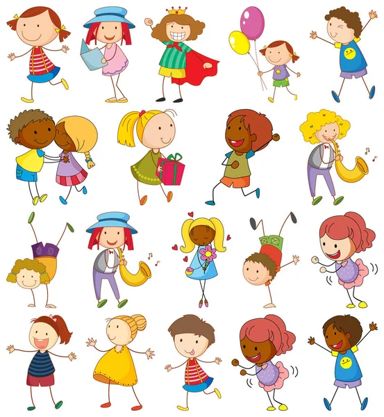 Set Diferentes Niños Estilo Doodle Ilustración — Vector de stock