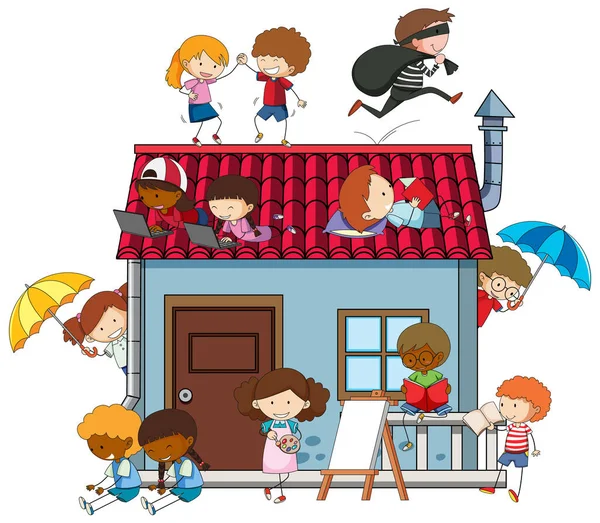 家のイラストの周りでさまざまな活動をする多くの子供たち — ストックベクタ