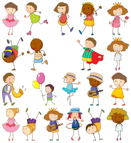 Ensemble Différents Enfants Dans Illustration Style Doodle — Image vectorielle