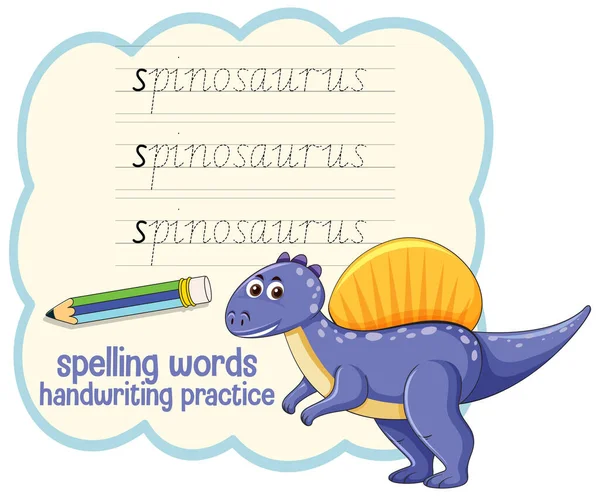 Spelling Words Dinosaur Handwriting Practice Worksheet Illustration — Stock Vector