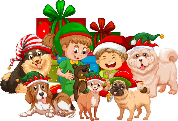 白い背景のイラストにクリスマスの要素を持つ犬を持つ子供たちのグループ — ストックベクタ