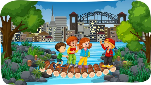 Rio Parque Cena Livre Com Muitas Crianças Ilustração — Vetor de Stock