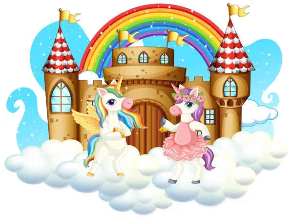 Muchos Unicornios Lindo Personaje Dibujos Animados Con Castillo Nube Ilustración — Archivo Imágenes Vectoriales
