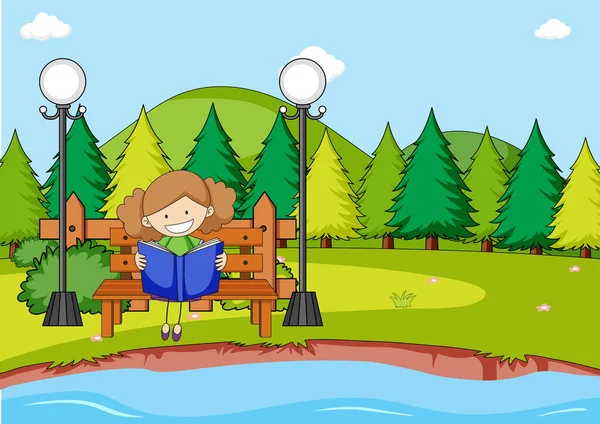 Escena Del Parque Con Una Chica Leyendo Libro Sentado Banco — Vector de stock