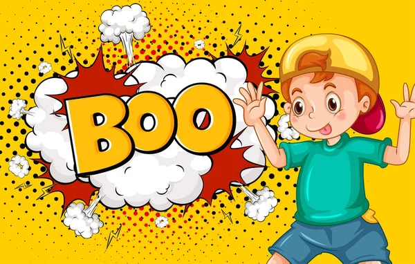 Слово Boo Фоне Взрыва Иллюстрацией Персонажа Мультфильма Мальчика — стоковый вектор