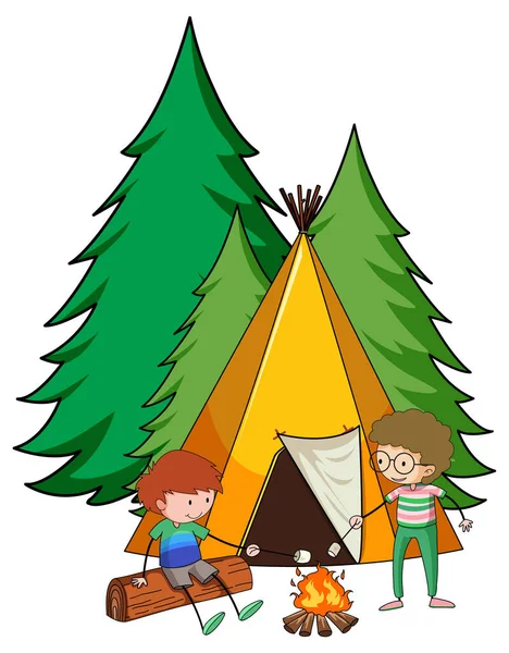 Camping Tenda Con Doodle Bambini Cartone Animato Personaggio Isolato Illustrazione — Vettoriale Stock