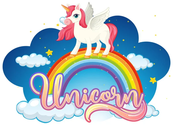 Personaje Dibujos Animados Unicornio Pie Sobre Arco Iris Con Ilustración — Vector de stock